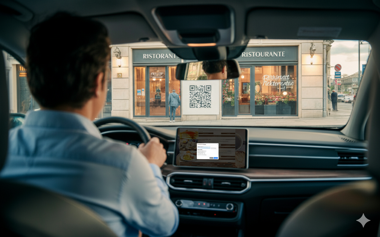 Arrivo al ristorante con Vorrei Menu nel display dell’auto