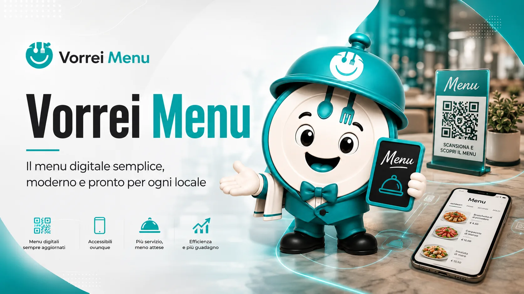Mascotte Vorrei Menu che accompagna il locale nella creazione del menu digitale