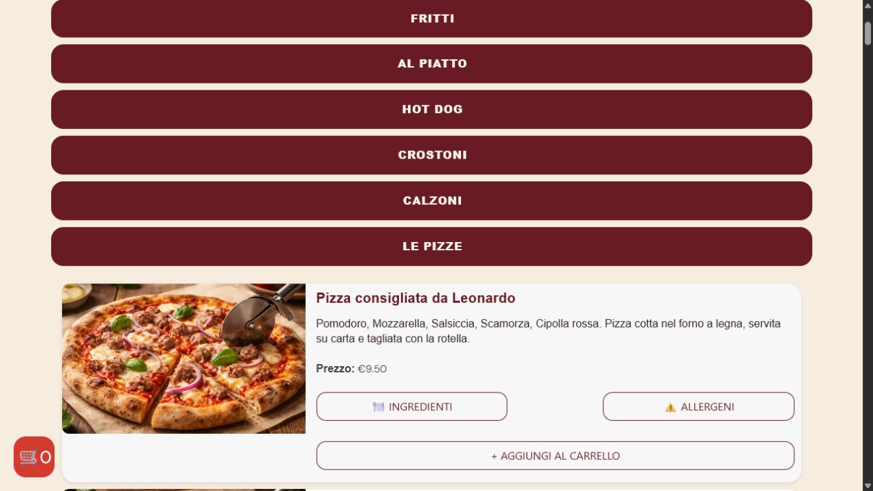 Schermata reale con fotografia, descrizione e prezzo di una pizza La Rotella