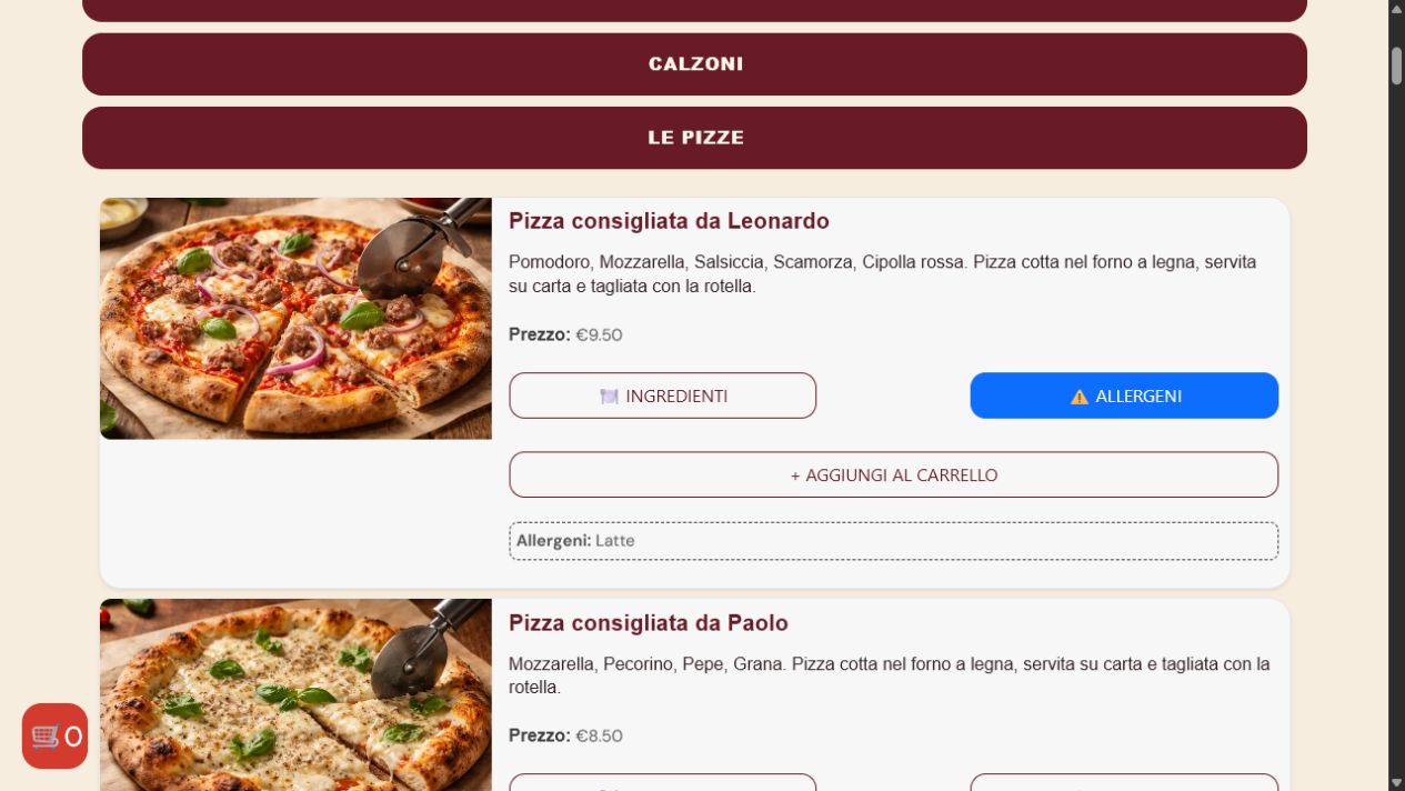 Schermata reale con l'informazione allergeni aperta per un prodotto