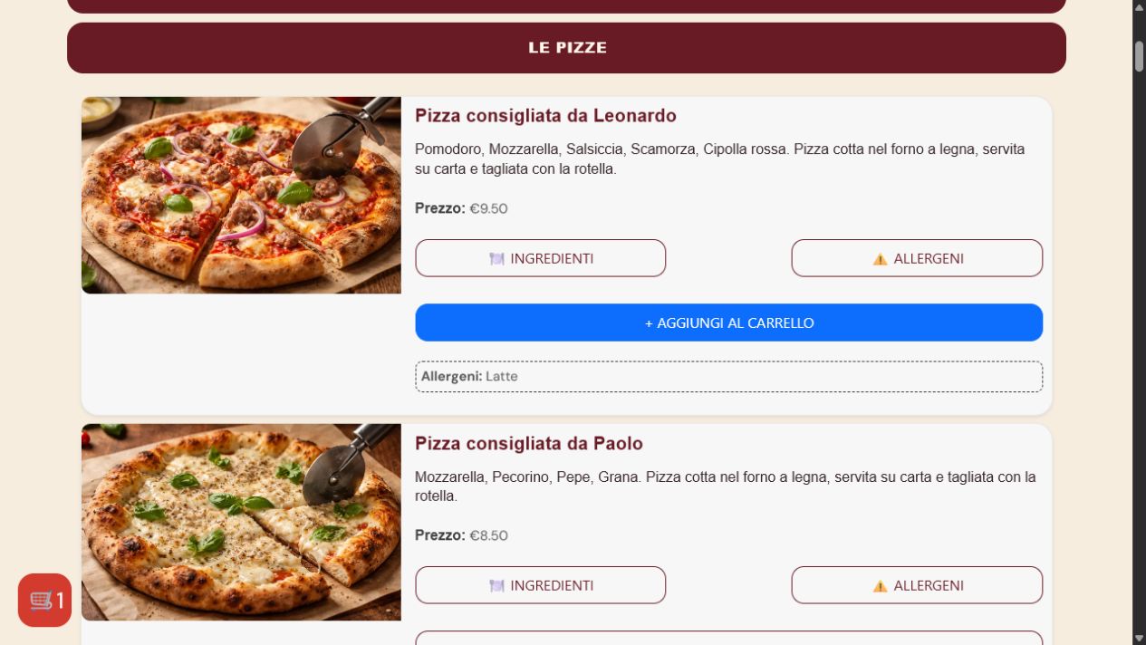 Schermata reale con un prodotto aggiunto al carrello Vorrei Menu